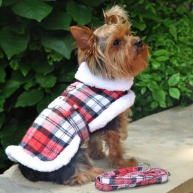Sherpa-Lined Dog Harness Coat - Red & White Plaid (Size: X-Small)