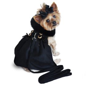 Black Wool  Dog Coat Harness  Fur Collar with Matching Leash (Size: X-Small)